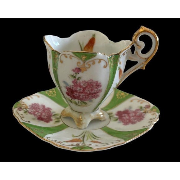 Ucago Japan Tea Cup Saucer Green Gold Floral Demitasse Mid century Square - Picture 8 of 9